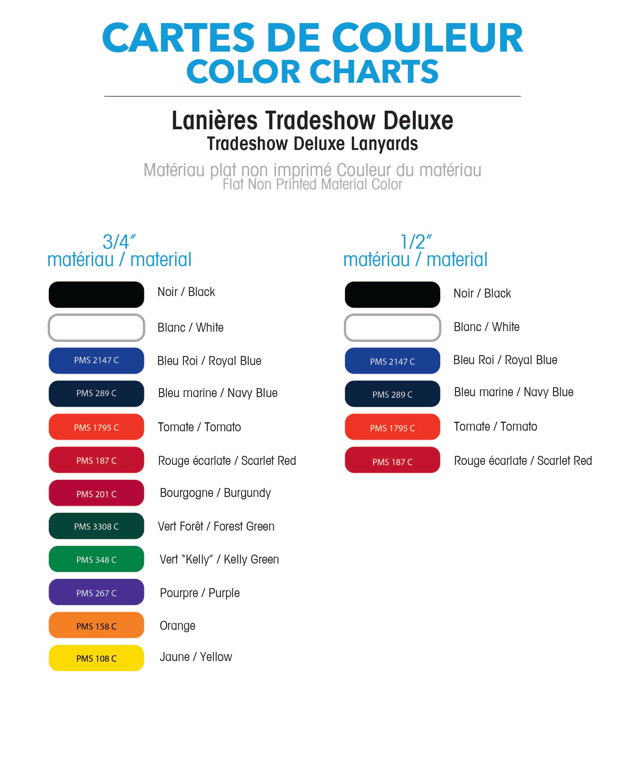 Charte de couleurs - lanières deluxe fabriquées au Québec