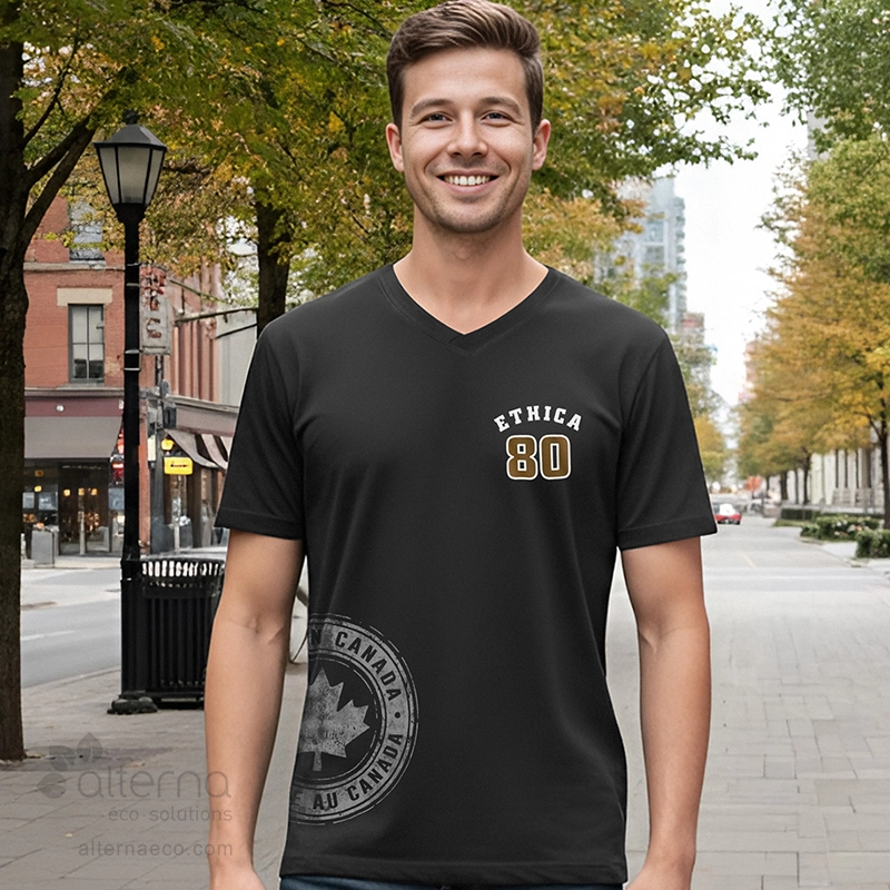 T-shirt col en v unisexe conçu et fabriqué au Québec_Noir