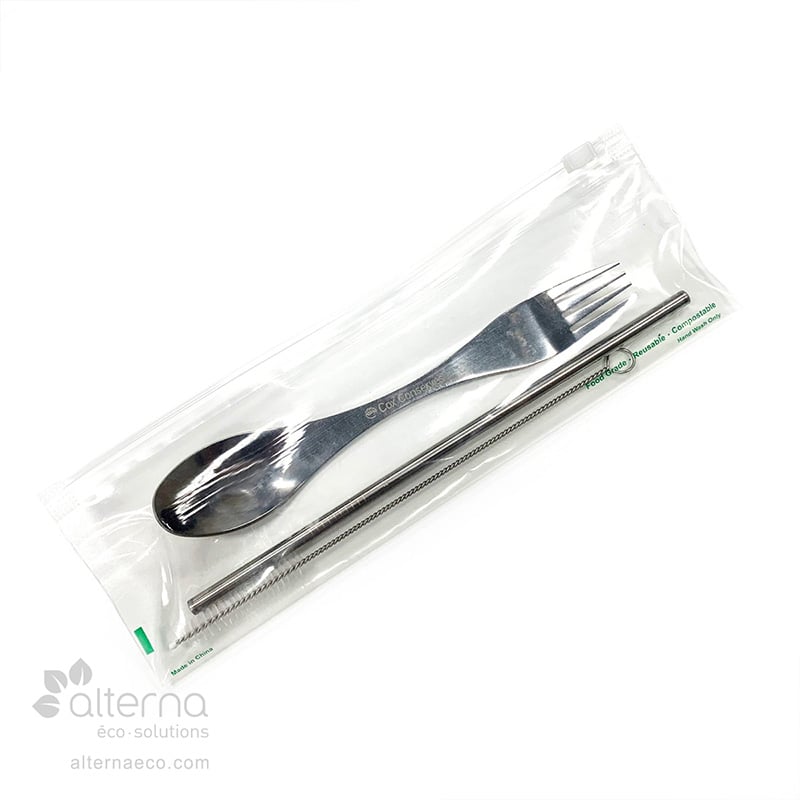 Ensemble d'ustensiles et de paille en acier inoxydable
