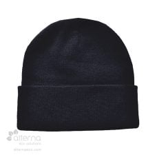 Tuque à rebord en acrylique fait de bouteilles recyclées. Fabriquée au Québec, Canada. Noir.