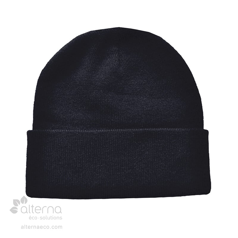 Tuque à rebord en acrylique fait de bouteilles recyclées. Fabriquée au Québec, Canada. Noir.