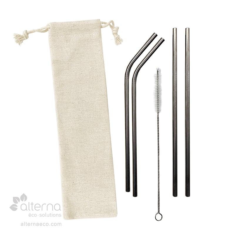Ensemble de quatre pailles réutilisables en acier inoxydable (avec brosse)