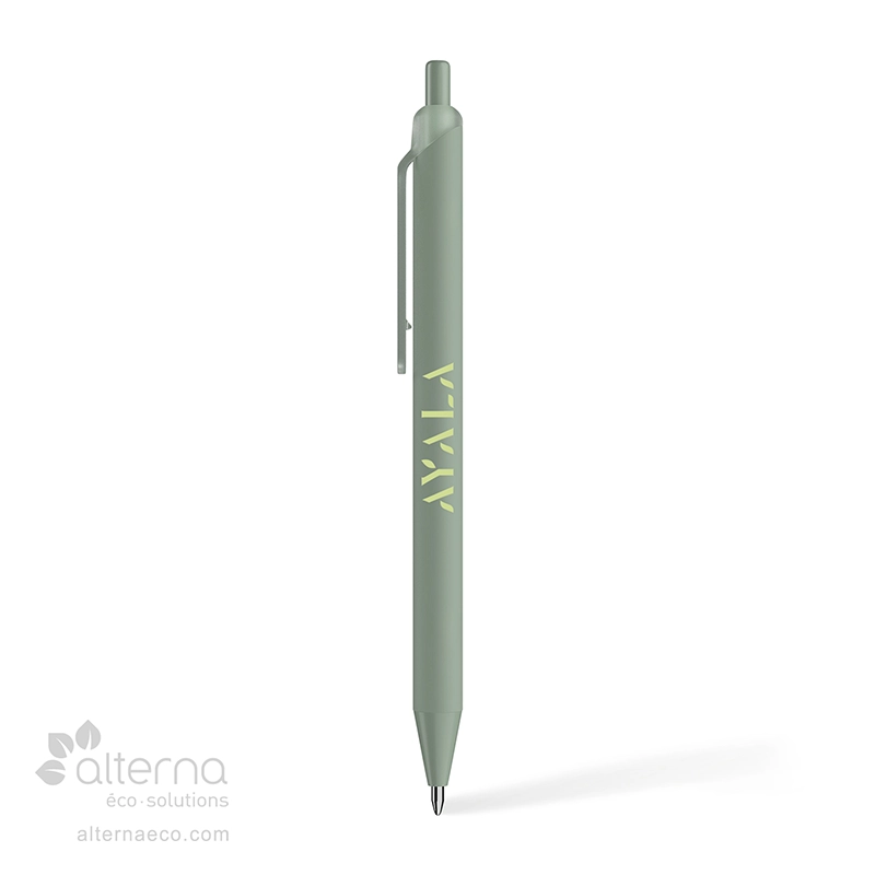 Stylo à bille en plastique recyclé vert sauge identifié au Québec, Canada